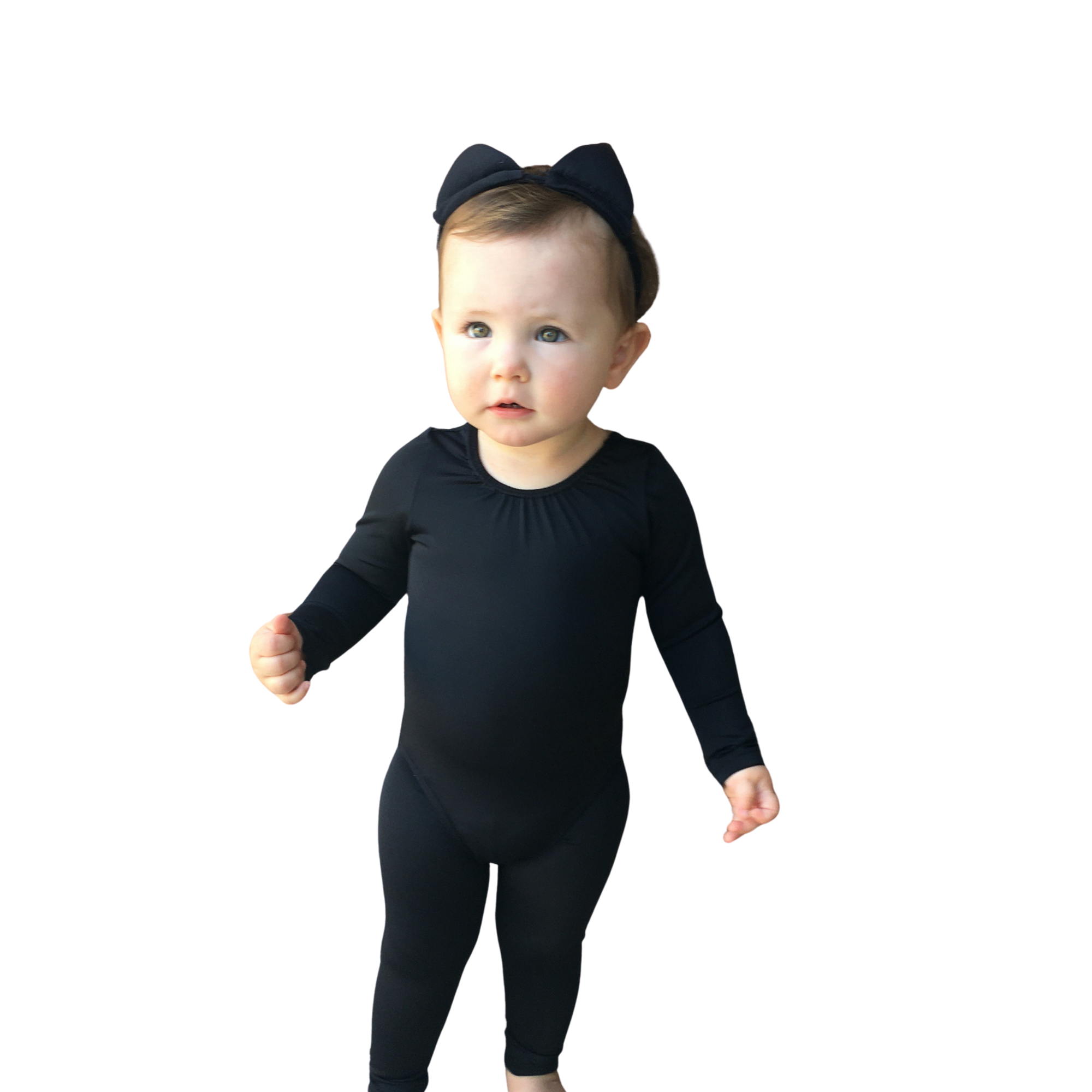 Infant in a black cat costume. Black long sleeve leotard with attached tail in back not pictured.  Black ankle leggings and black ear headband. nylon spandex fabric for a slick fit.