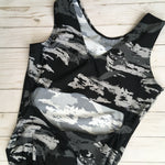 Load image into Gallery viewer, Classic black and gray camo gymnastics leotard with open back

