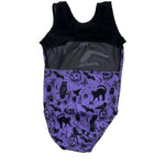 Load image into Gallery viewer, back of halloween themed girls tank gymnastics leotard with black mesh accented top.
