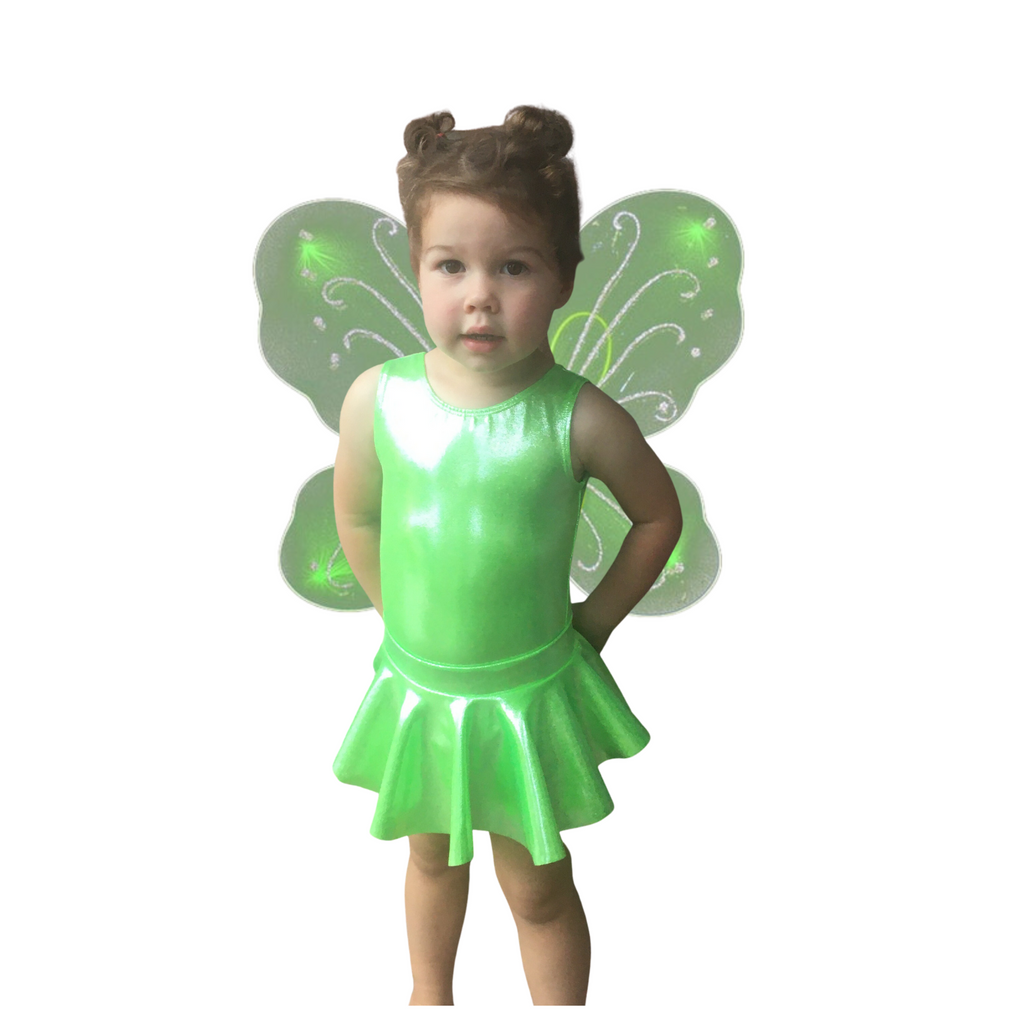 Green Fairy Pixie Costume in Shiny metallic neon green tank leotard with matching skirt and sparkle wings