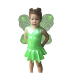 Load image into Gallery viewer, Green Fairy Pixie Costume in Shiny metallic neon green tank leotard with matching skirt and sparkle wings
