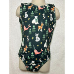 Load image into Gallery viewer, Tank girls gymnastics leotard with cute fox, polar bears, deer, narwhals and penguins swearing scarves or Christmas lights among green trees and stars on a dark green background
