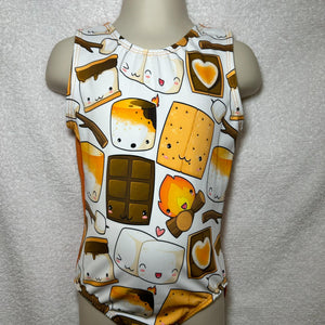 girls tank gymnastics leotard with smore's theme print that has cute faces on chocolate bars, marshmallows, graham crackers and fire.