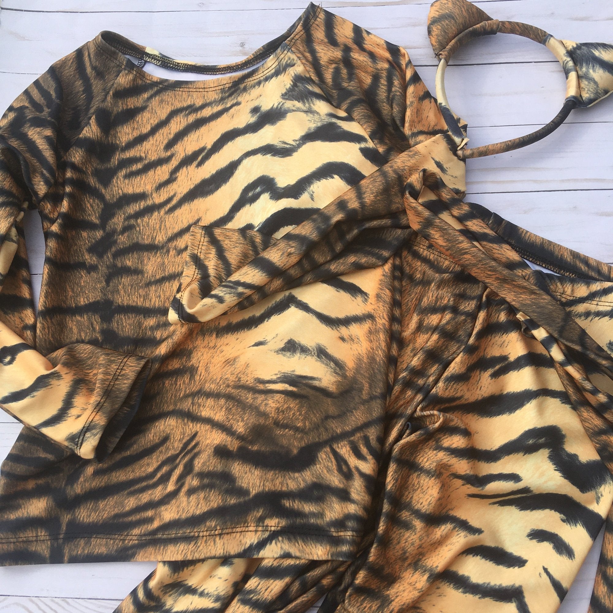 Tiger print long sleeve shirt, pants with attached tail and ear headband kids halloween dress up costume