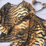 Load image into Gallery viewer, Tiger print long sleeve shirt, pants with attached tail and ear headband kids halloween dress up costume
