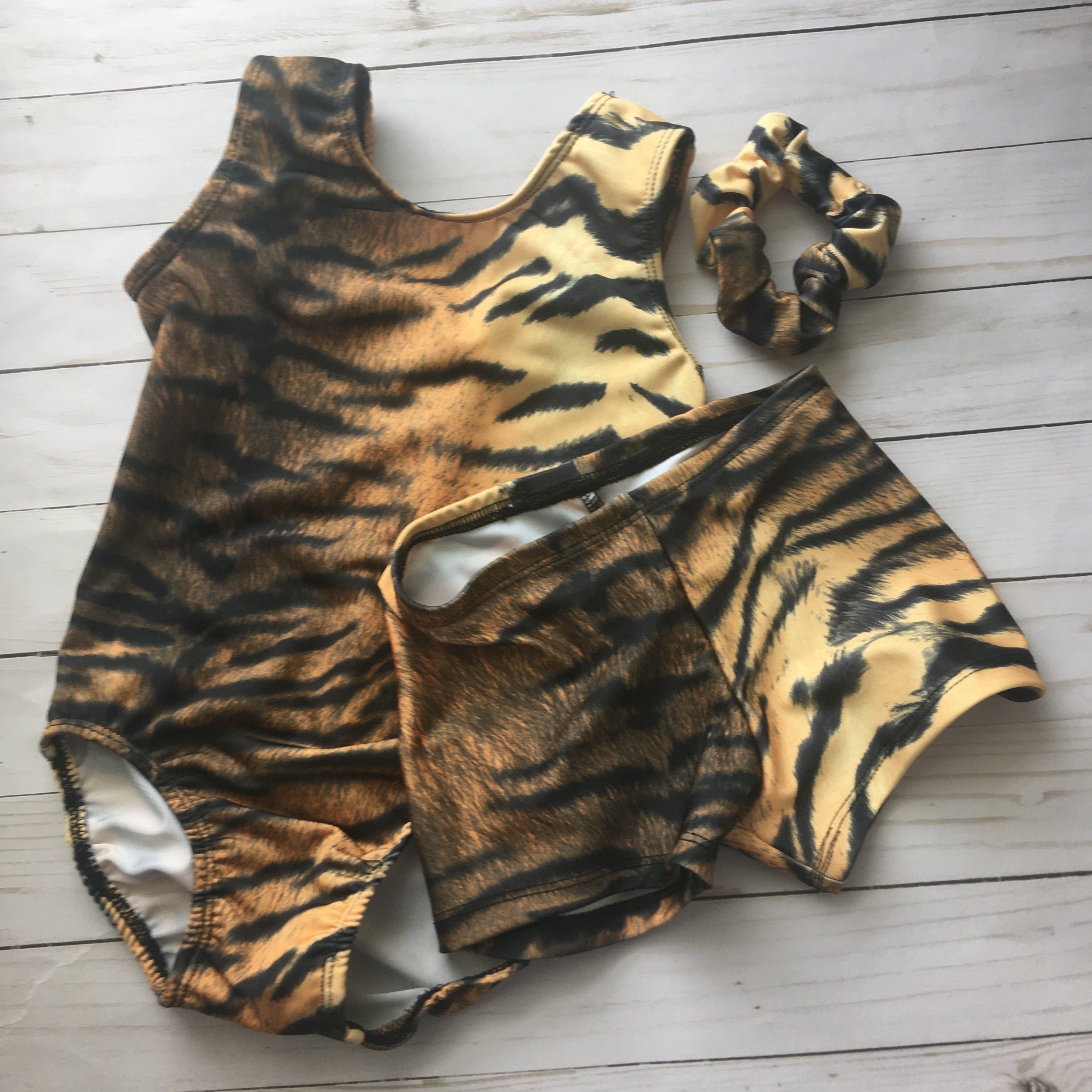 Black orange and yellow Tiger print preschool girls gymnastics dance tank leotard with matching scrunchie and optional matching shorts