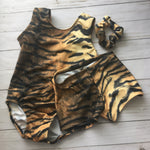 Load image into Gallery viewer, Black orange and yellow Tiger print preschool girls gymnastics dance tank leotard with matching scrunchie and optional matching shorts
