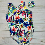 Load image into Gallery viewer, girls tank leotard with colorful watercolor floral print on white background with matching scrunchie
