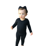Load image into Gallery viewer, Infant in a black cat costume. Black long sleeve leotard with attached tail in back not pictured.  Black ankle leggings and black ear headband. nylon spandex fabric for a slick fit.
