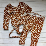 Load image into Gallery viewer, kids giraffe costume.  Long sleeve leotard with attached tail and leggings in red brown and white giraffe print
