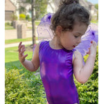 Load image into Gallery viewer, Purple sparkle fairy costume. purple tank leotard with purple wings. Wings have silver glitter swirls.
