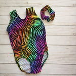 Load image into Gallery viewer, Leotard with rainbow zebra print and matching scrunchie
