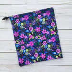 Load image into Gallery viewer, gymnastics grip bag with hot pink and purple floral pattern with black background
