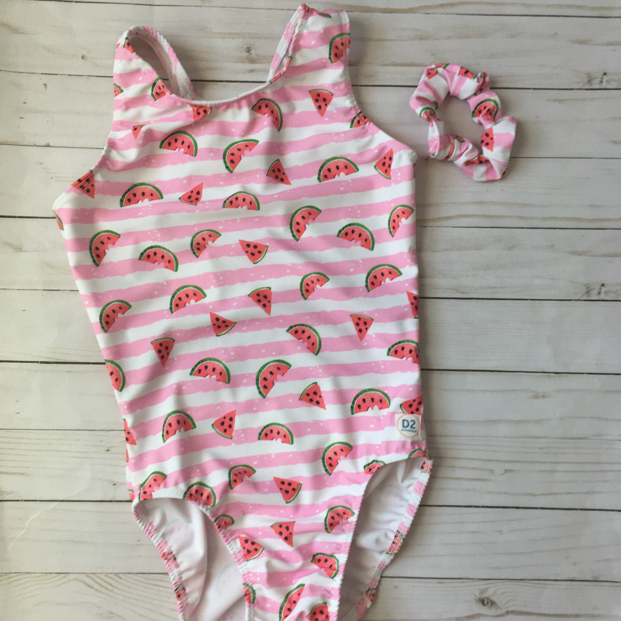 Leotard with pink and white stripes with watermelon slices