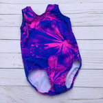 Load image into Gallery viewer, girls gymnastics tank leotard with vibrant large hot pink floral pattern on deep blue background
