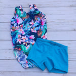 Load image into Gallery viewer, bright floral tank gymnastic leotard with coordinating turquoise shorts
