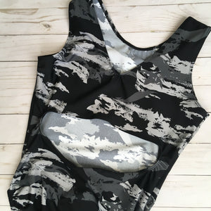 Classic black and gray camo gymnastics leotard with open back